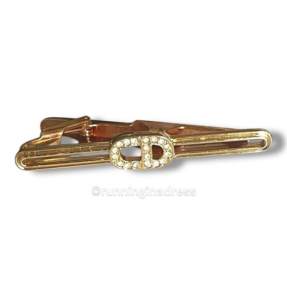 Authentic Vintage Christian Dior Logo Gold Embellished Rhinestones Tie Clip - Picture 1 of 9